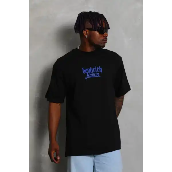 Erkek Baskılı Tişört Kısa Kol Bisiklet Yaka Oversize T-Shirt - - Siyah