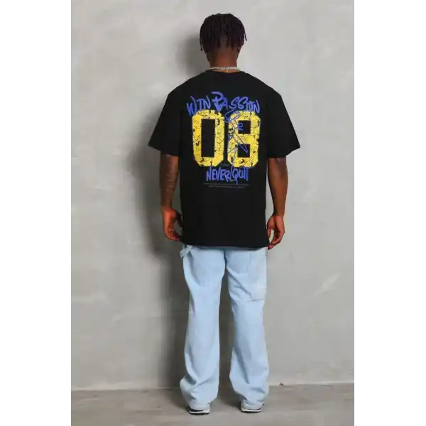 Erkek Baskılı Tişört Kısa Kol Bisiklet Yaka Oversize T-Shirt - Siyah