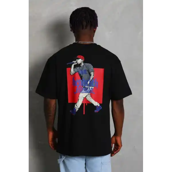 Erkek Baskılı Tişört Kısa Kol Bisiklet Yaka Oversize T-Shirt - - Siyah