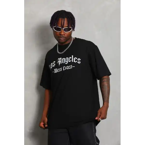 Erkek Baskılı Tişört Kısa Kol Bisiklet Yaka Oversize T-Shirt - Siyah