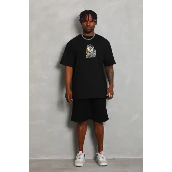 Erkek Baskılı Tişört Kısa Kol Bisiklet Yaka Oversize T-Shirt - Siyah