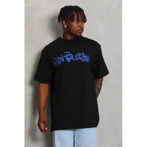 Erkek Baskılı Tişört Kısa Kol Bisiklet Yaka Oversize T-Shirt - Siyah