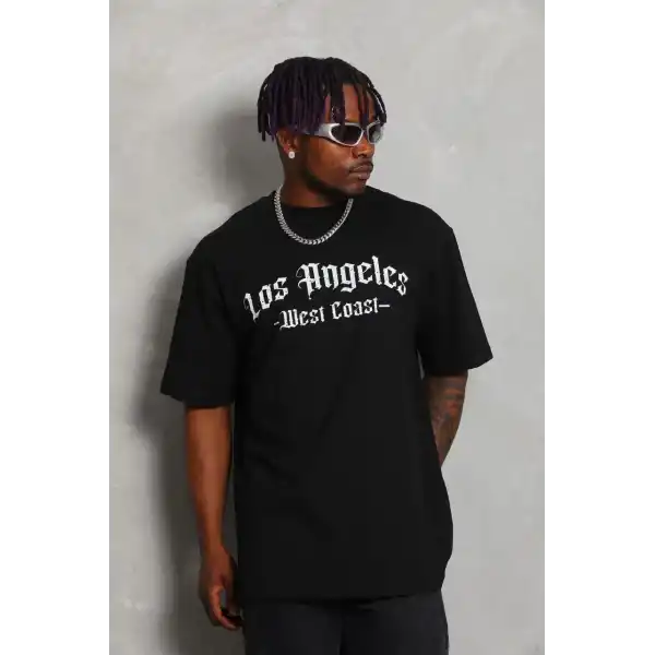 Erkek Baskılı Tişört Kısa Kol Bisiklet Yaka Oversize T-Shirt - Siyah