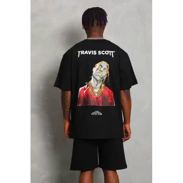 Erkek Baskılı Tişört Kısa Kol Bisiklet Yaka Oversize T-Shirt - Siyah