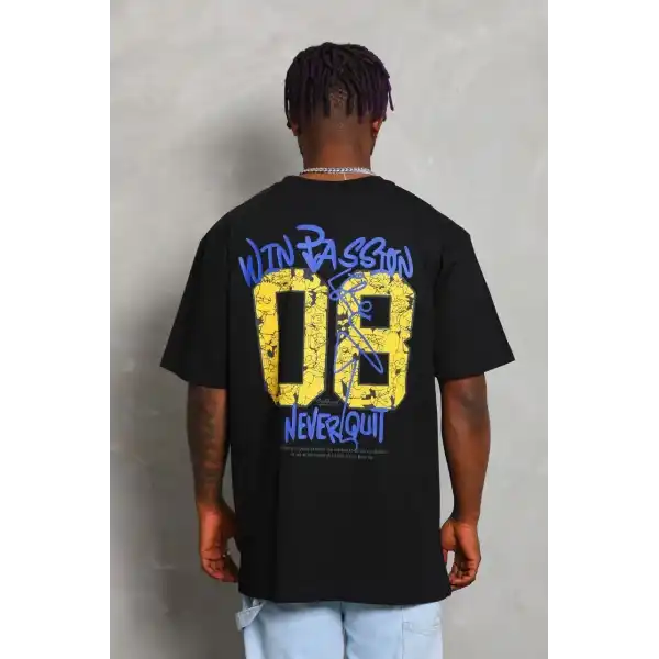 Erkek Baskılı Tişört Kısa Kol Bisiklet Yaka Oversize T-Shirt - Siyah