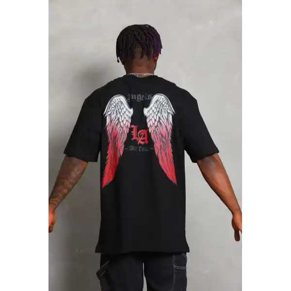 Erkek Baskılı Tişört Kısa Kol Bisiklet Yaka Oversize T-Shirt - Siyah