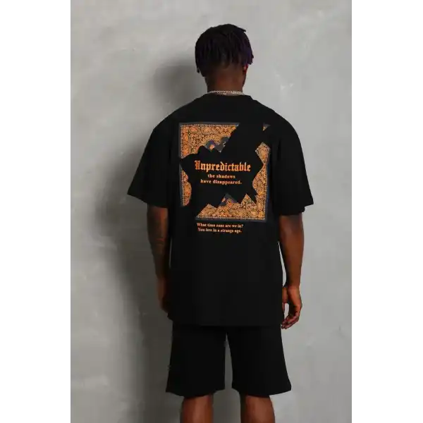 Erkek Baskılı Tişört Kısa Kol Bisiklet Yaka Oversize T-Shirt - Siyah
