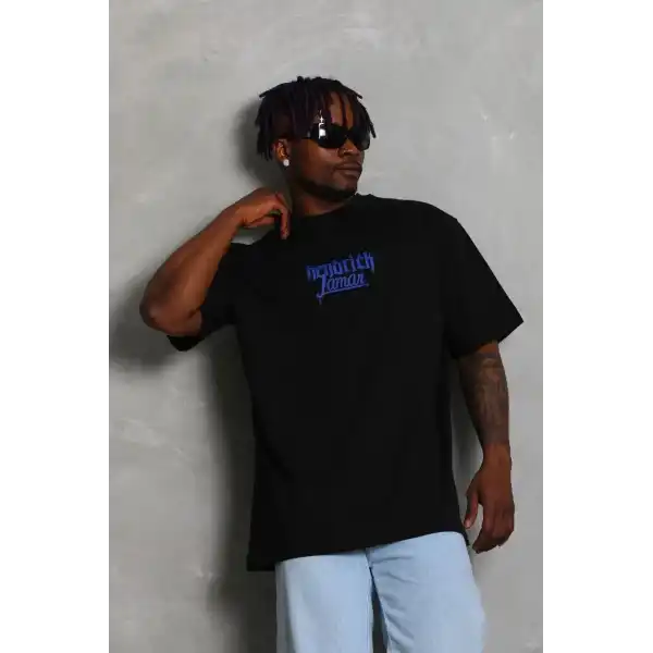 Erkek Baskılı Tişört Kısa Kol Bisiklet Yaka Oversize T-Shirt - - Siyah