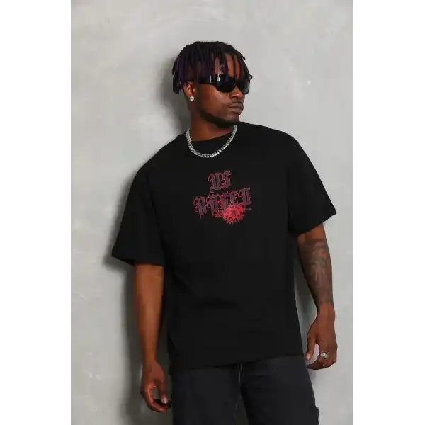 Erkek Baskılı Tişört Kısa Kol Bisiklet Yaka Oversize T-Shirt - Siyah