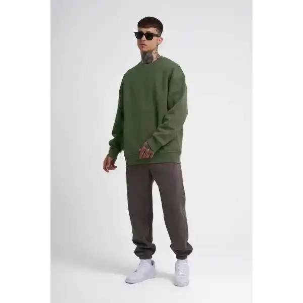 ERKEK Bisikilet Yaka 3 İplik Pamuklu SweatShirt - Haki