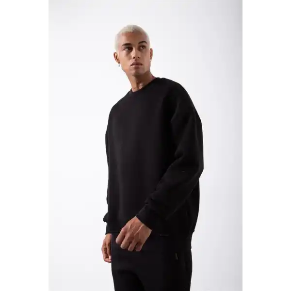 ERKEK Bisikilet Yaka 3 İplik Pamuklu SweatShirt - Siyah