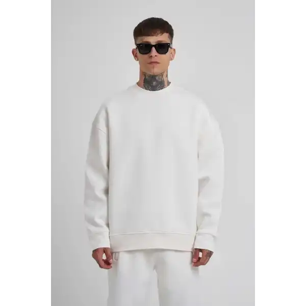 ERKEK Bisikilet Yaka 3 plik Pamuklu SweatShirt - Beyaz
