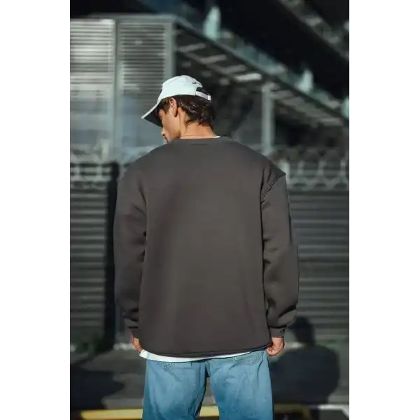 Erkek Bisiklet Yaka 3 iplik Pamuklu Basic SweatShirt  - Antrasit