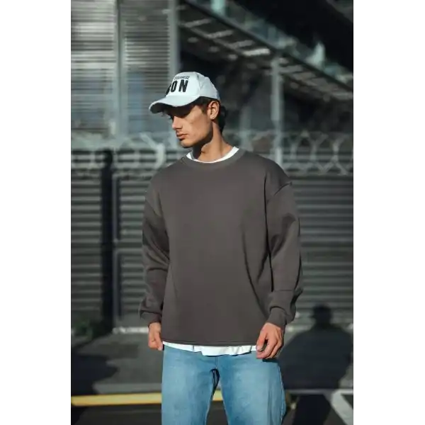 Erkek Bisiklet Yaka 3 iplik Pamuklu Basic SweatShirt  - Antrasit