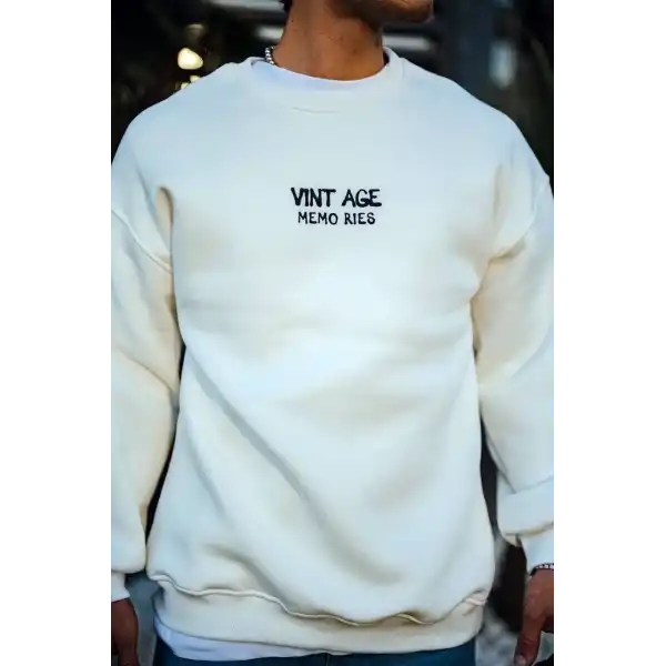 Erkek Bisiklet Yaka 3 İplik pamuklu Baskılı SweatShirt - Beyaz