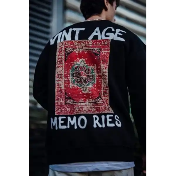 Erkek Bisiklet Yaka 3 İplik Pamuklu Baskılı SweatShirt - Siyah