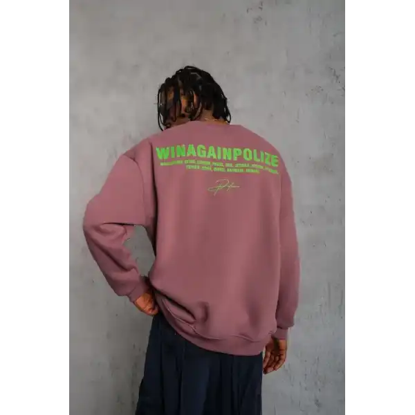 Erkek Bisiklet Yaka Baskılı 3 iplik pamuklu Sweatshirt - Gül Kurusu