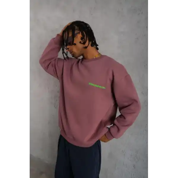 Erkek Bisiklet Yaka Baskılı 3 iplik pamuklu Sweatshirt - Gül Kurusu