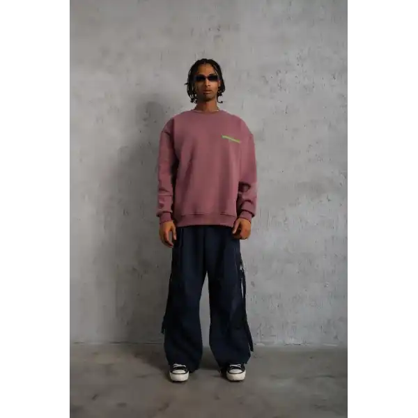 Erkek Bisiklet Yaka Baskılı 3 iplik pamuklu Sweatshirt - Gül Kurusu