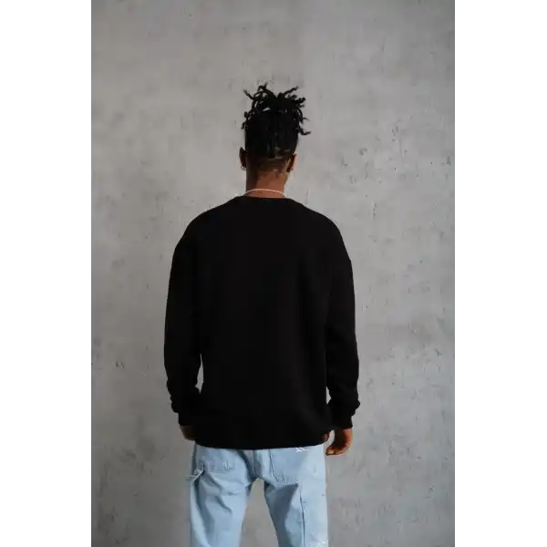 Erkek Bisiklet Yaka Baskılı 3 İplik Pamuklu Sweatshirt -  Siyah
