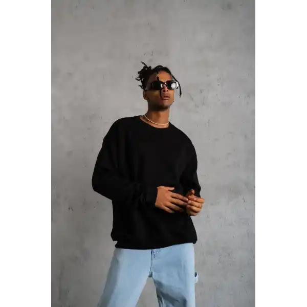 Erkek Bisiklet Yaka Baskılı 3 İplik Pamuklu Sweatshirt -  Siyah
