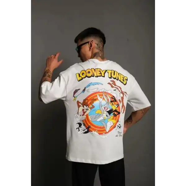 Erkek Bisiklet Yaka Baskılı Oversize Kısa kol T-Shirt - Beyaz