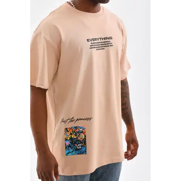 Erkek  Bisiklet Yaka Baskılı Oversize T-Shirt - Bej