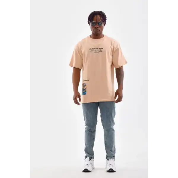 Erkek  Bisiklet Yaka Baskılı Oversize T-Shirt - Bej