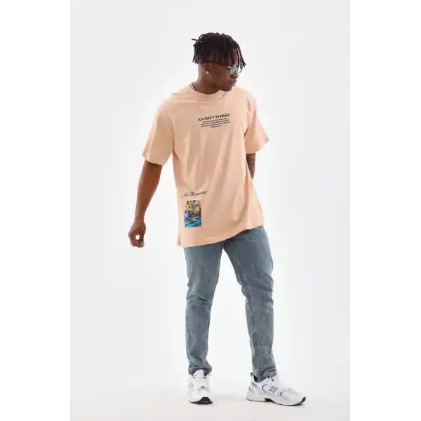 Erkek  Bisiklet Yaka Baskılı Oversize T-Shirt - Bej