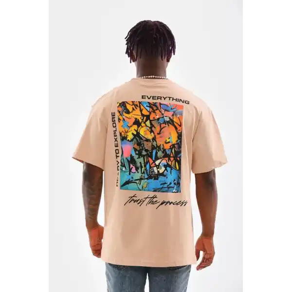 Erkek  Bisiklet Yaka Baskılı Oversize T-Shirt - Bej