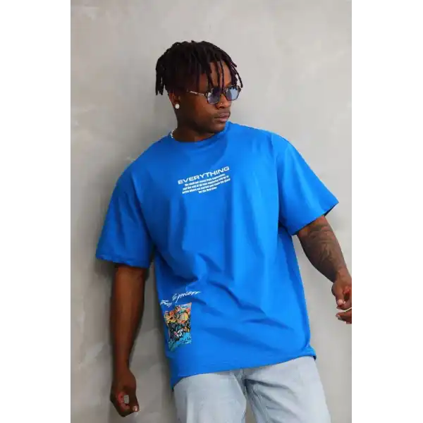 Erkek Bisiklet Yaka Baskılı Oversize T-Shirt - Mavi