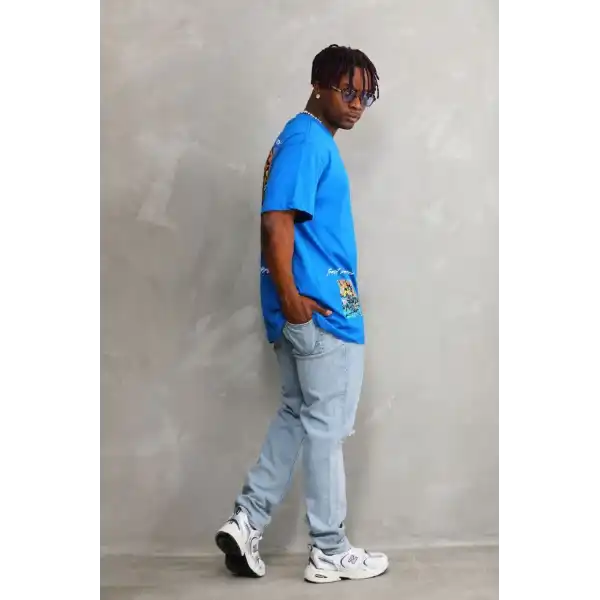 Erkek Bisiklet Yaka Baskılı Oversize T-Shirt - Mavi