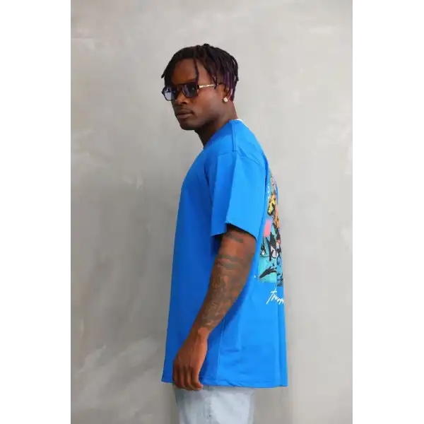 Erkek Bisiklet Yaka Baskılı Oversize T-Shirt - Mavi
