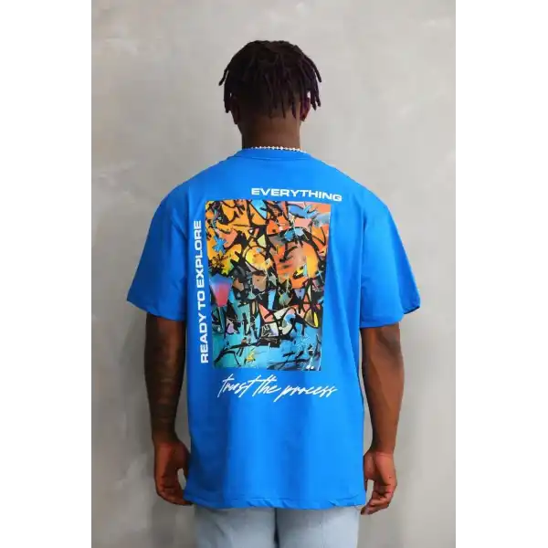 Erkek Bisiklet Yaka Baskılı Oversize T-Shirt - Mavi
