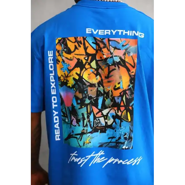 Erkek Bisiklet Yaka Baskılı Oversize T-Shirt - Mavi