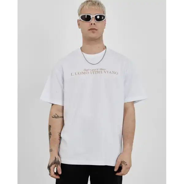 Erkek Bisiklet Yaka Tişort Baskılı Oversize kısa kol T-Shirt - Beyaz