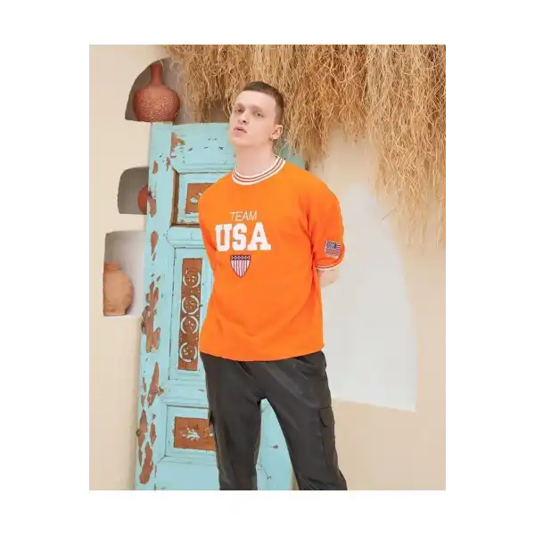 Erkek Bisiklet Yaka Tişört Nakış İşlemeli Kısa Kol Oversize T-Shirt - Turuncu
