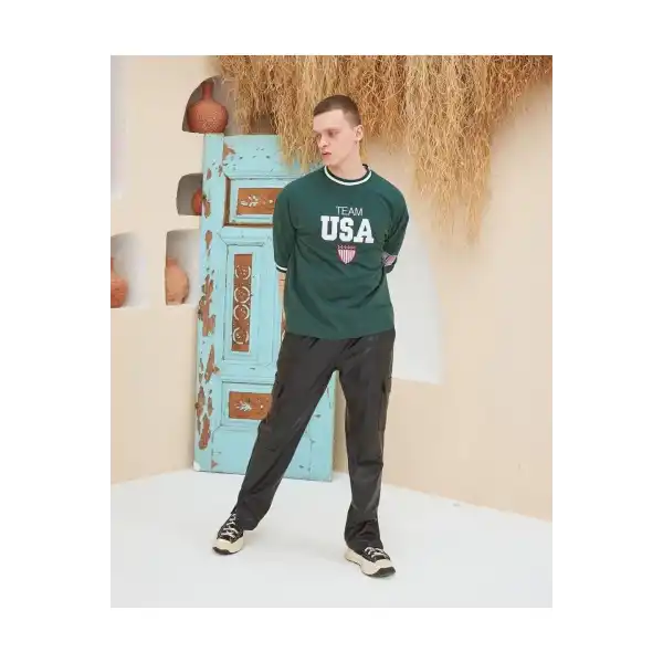 Erkek Bisiklet Yaka Tişört Nakış İşlemeli Kısa Kol Oversize T-Shirt - Yeşil