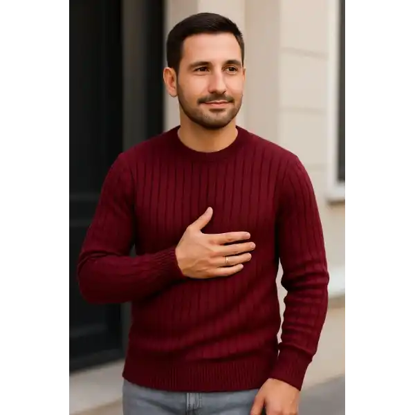 Erkek Bisiklet Yaka Triko Kazak Pamuklu Kalın Fitilli Dokuma Regular Fit - Bordo