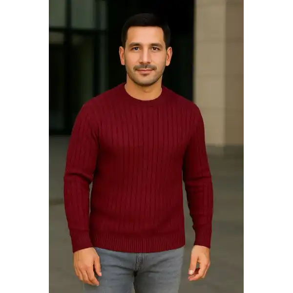 Erkek Bisiklet Yaka Triko Kazak Pamuklu Kalın Fitilli Dokuma Regular Fit - Bordo