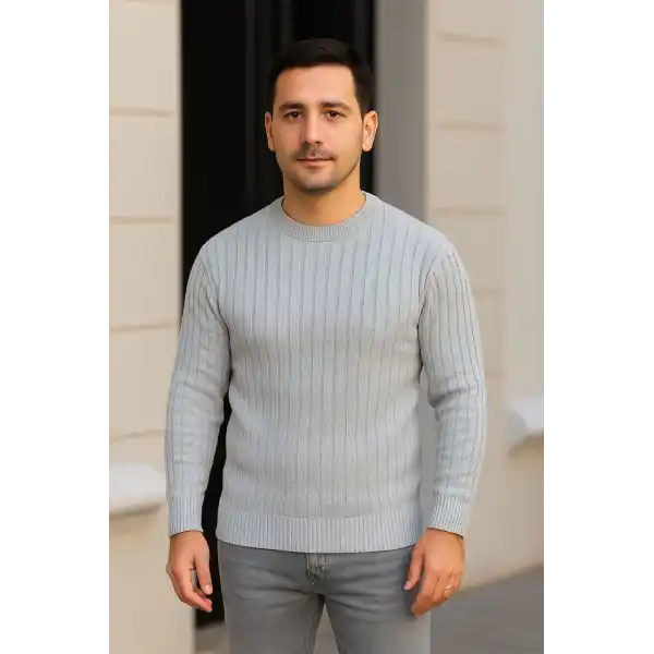 Erkek Bisiklet Yaka Triko Kazak Pamuklu Kalın Fitilli Dokuma Regular Fit - Gri