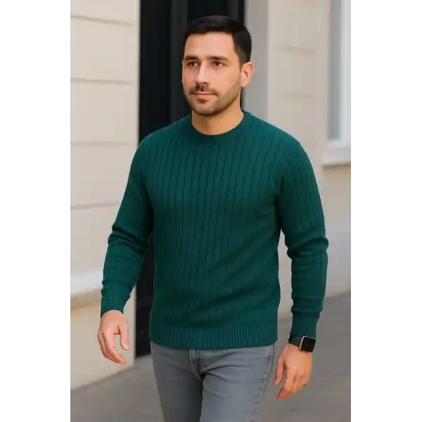 Erkek Bisiklet Yaka Triko Kazak Pamuklu Kalın Fitilli Dokuma Regular Fit - Haki