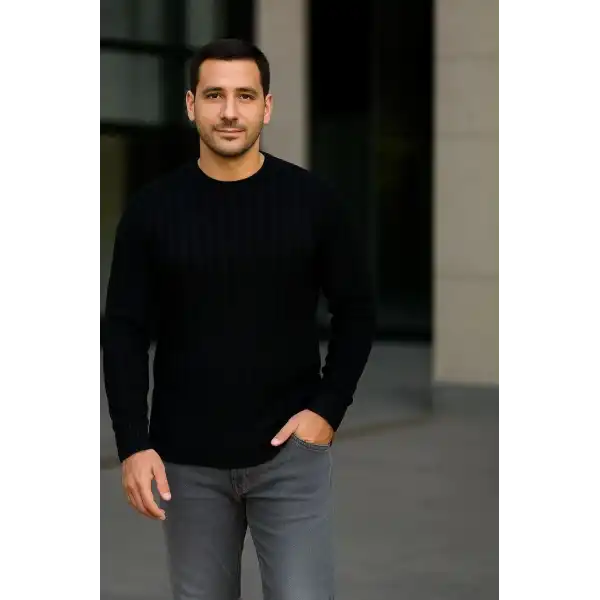 Erkek Bisiklet Yaka Triko Kazak Pamuklu Kalın Fitilli Dokuma Regular Fit - Siyah