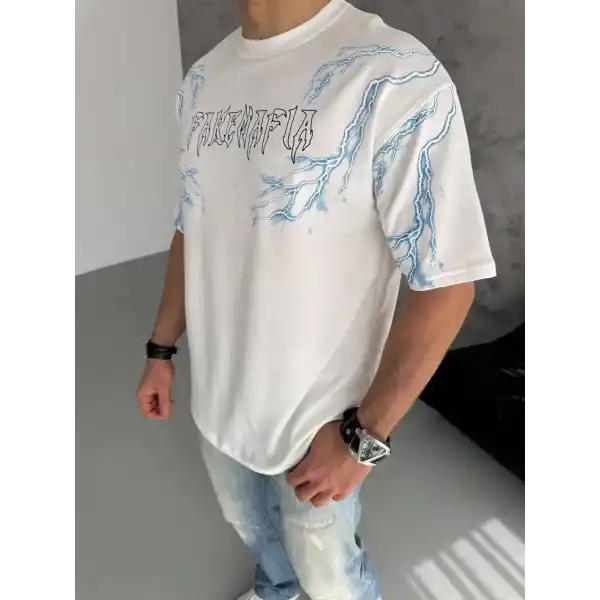 Erkek Bisiklet Yaka Yıldırım Baskılı  Kısa kol T-Shirt - Beyaz