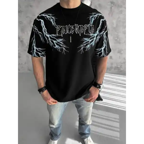 ERKEK Bisiklet Yaka Yıldırım Baskılı  Kısa kol T-Shirt-Siyah