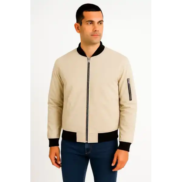 Erkek Bomber Mont Ceket – Fermuarlı, Kapitone İçi Astarlı, Su İtici Kumaş, Regular Fit, Uzun Kollu, Yandan Cepli, Bahar & Kış Rahat Günlük Stil - Bej