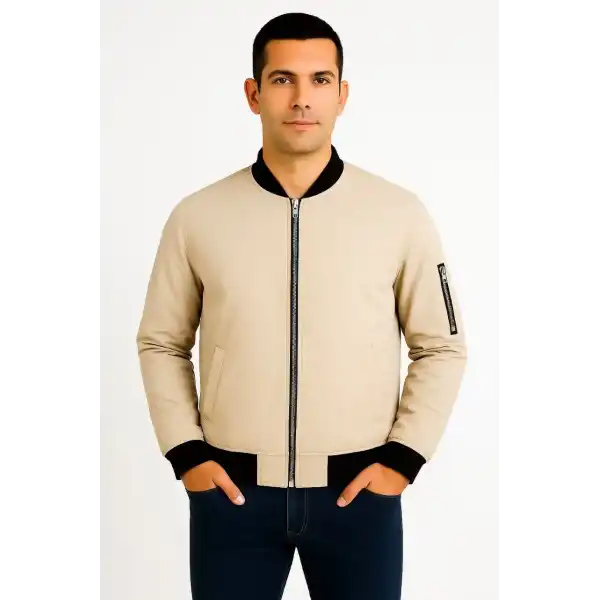Erkek Bomber Mont Ceket – Fermuarlı, Kapitone İçi Astarlı, Su İtici Kumaş, Regular Fit, Uzun Kollu, Yandan Cepli, Bahar & Kış Rahat Günlük Stil - Bej