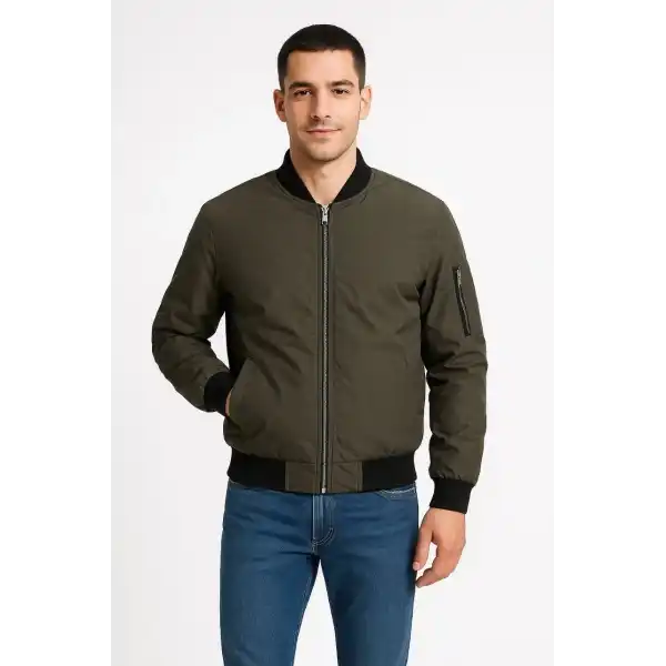 Erkek Bomber Mont Ceket – Fermuarlı, Kapitone İçi Astarlı, Su İtici Kumaş, Regular Fit, Uzun Kollu, Yandan Cepli, Bahar & Kış Rahat Günlük Stil - Haki