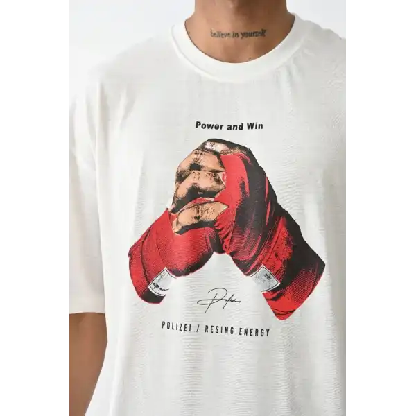 Erkek Box Eldiven Baskılı T-Shirt Kısa Kol Bisiklet Yaka Tişört - Beyaz