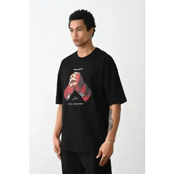 Erkek Boxy Eldiven Baskılı T-Shirt Kısa Kol Bisiklet Yaka Tişört - Siyah
